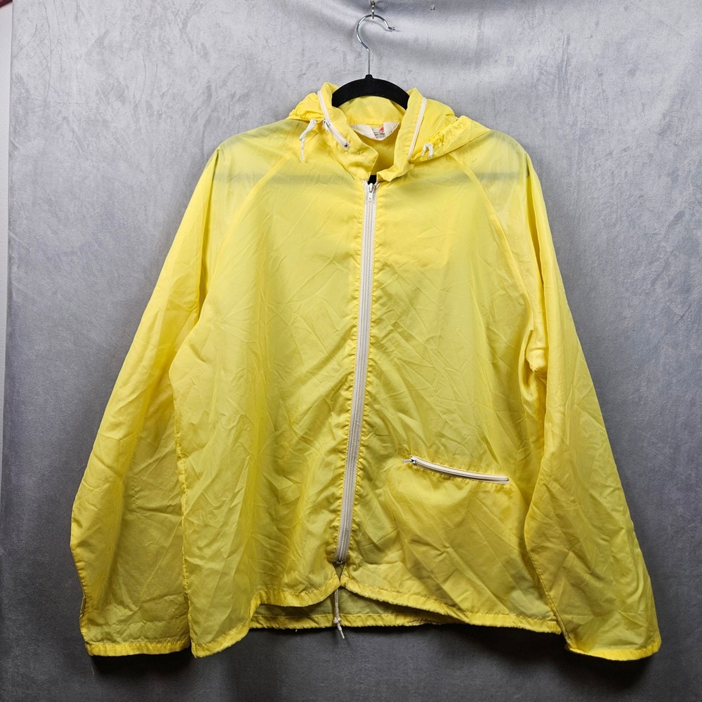 Vintage Sears Jacket Mens Large Yellow Hooded Windbreaker Nylon Full Zip 70s
